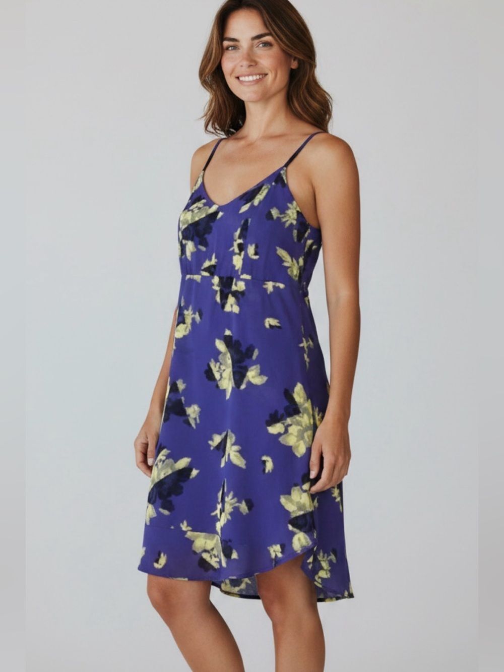 Volcom Purple Floral Slip Mini Dress with Yellow Accents